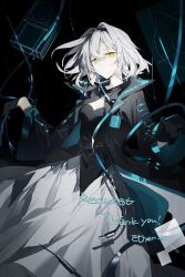 1girl absurdres audio_jack black_gloves black_jacket black_shirt blue_ribbon breasts bright_pupils cable cleavage closed_mouth commission feet_out_of_frame gloves grey_hair hair_between_eyes hair_intakes highres jacket long_sleeves looking_at_viewer maboroshi_(freeze000) medium_breasts open_clothes open_jacket original ribbon shirt short_hair skirt solo standing thank_you white_pupils white_skirt wide_sleeves yellow_eyes