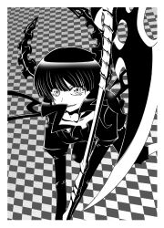 Rule 34 | 1girl, black dress, black horns, black rock shooter, dead master, dollmaster13, dress, greyscale, highres, horns, medium hair, monochrome, scythe, skeletal wings, solo, wavy hair, wings