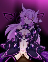 1boy 1girl absurdres black_sclera breasts cleavage colored_sclera corruption cum cum_in_pussy dark-skinned_male dark_persona dark_skin demon_girl demon_horns gloves glowing glowing_eyes hair_ornament heart hetero highres horns kouyoku_senki_exs-tia licking_lips lilistia long_hair looking_at_viewer medium_breasts mind_control navel original penis pink_eyes pink_hair pointy_ears pubic_tattoo purple_eyes purple_hair pussy revealing_clothes sex smile solo_focus straddling symbol-shaped_pupils tail tattoo thighhighs tongue tongue_out vaginal wings zarkurol_r