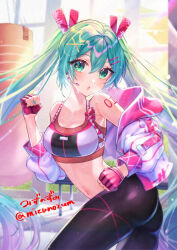 1girl aqua_eyes aqua_hair ass black_pants breasts fingerless_gloves gloves hair_ornament hatsune_miku long_hair looking_at_viewer medium_breasts midriff mizunozumi navel number_tattoo open_mouth pants sports_bra sportswear sweat tattoo twintails very_long_hair vocaloid white_sports_bra