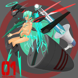 1girl blue_hair breasts cable female_focus hatsune_miku long_hair mecha megaphone nude robot small_breasts solo twintails usb vocaloid yuuki_(irodo_rhythm)