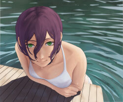 1girl absurdres arm_support bikini breasts chainsaw_man day dock green_eyes highres looking_at_viewer outdoors partially_submerged purple_hair reze_(chainsaw_man) sharkespeare small_breasts smile solo swimsuit water wet wet_hair white_bikini