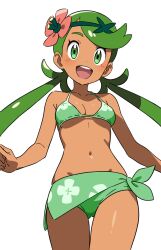 1girl :d bikini breasts dark-skinned_female dark_skin flower green_bikini green_eyes green_hair green_headband hair_flower hair_ornament headband highres kousuke0912 looking_at_viewer mallow_(pokemon) navel nintendo open_mouth pokemon pokemon_sm simple_background small_breasts smile solo stomach swimsuit twintails white_background