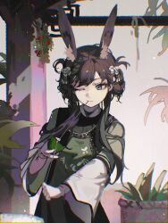 1girl absurdres alternate_costume amiya_(arknights) animal_ears arknights blue_eyes brown_hair chromatic_aberration closed_mouth dress green_dress hashtag-only_commentary highres jiuxiaoshi one_eye_closed rabbit_ears rabbit_girl solo upper_body wide_sleeves