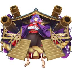 1girl black_skirt cape closed_mouth crossed_arms full_body game_cg gradient_hair hair_ornament highres layered_sleeves leaf_hair_ornament long_sleeves looking_at_viewer mirror multicolored_hair onbashira pink_hair purple_cape purple_hair red_eyes red_shirt rope rotte_(1109) sandals shide shimenawa shirt short_hair short_over_long_sleeves short_sleeves shrine simple_background skirt solo stairs third-party_source touhou touhou_lostword white_background yasaka_kanako yasaka_kanako_(blue_goodbyes) zouri