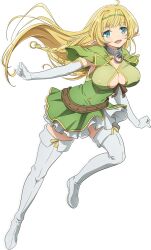 Rule 34 | 1girl, ahoge, anime coloring, aqua eyes, armpits, belt, blonde hair, blush, boots, braid, breasts, brown belt, capelet, cleavage, clenched hands, collar, covered erect nipples, dress, elbow gloves, elf, full body, gloves, green capelet, green dress, green hairband, hairband, isekai maou to shoukan shoujo no dorei majutsu, kaneko shizue, large breasts, long hair, looking at viewer, metal collar, o-ring collar, official art, open mouth, pointy ears, ribbon, running, shera l. greenwood, simple background, smile, solo, thigh boots, thighhighs, thighs, transparent background, white boots, white gloves
