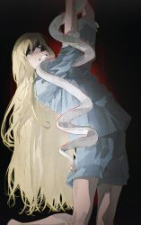 1boy absurdres aged_down aqua_shirt aqua_shorts black_background blonde_hair blue_eyes evil_grin evil_smile feet_out_of_frame from_side grin highres kneeling long_hair millions_knives outline red_background red_outline shaded_face shirt shorts sleeve_cuffs smile snake summerweeeeeeen swept_bangs trigun two-tone_background white_scales white_snake