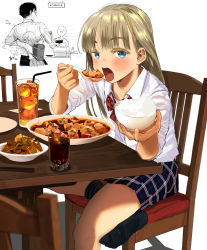 Rule 34 | 1girl, 2boys, backpack, bad id, bad twitter id, bag, black legwear, blonde hair, blue eyes, blue skirt, bow, bowl, bowtie, cashier, chair, collared shirt, cup, drinking glass, drinking straw, eating, food, food request, glass, highres, holding, hug, hug from behind, ice, ice cube, iced tea, inactive account, long hair, looking at viewer, mapo tofu, masuda (yousaytwosin), multiple boys, no shoes, open mouth, original, plaid clothes, plaid skirt, plate, randoseru, red neckwear, rice, rice bowl, school uniform, shirt, sitting, skirt, socks, solo focus, table, tongue, tongue out, white shirt, wing collar