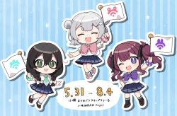 3girls ;d ^_^ binchou_maguro black-framed_eyewear black_hair black_ribbon black_shoes black_socks blue_background blue_skirt blush bow bowtie braid brown_hair brown_shoes cevio chibi chibi_only closed_eyes collared_shirt commentary_request double-parted_bangs double_bun flag green_eyes green_necktie grey_hair hair_bun hair_ornament hair_ribbon hairclip hanakuma_chifuyu holding holding_flag koharu_rikka long_hair multiple_girls natsuki_karin necktie one_eye_closed open_mouth outline pink_bow pink_bowtie pink_shoes pleated_skirt purple_bow purple_bowtie purple_eyes ribbon shirt shoes short_hair short_sleeves skirt smile socks striped_background synthesizer_v translation_request twin_braids twintails white_outline white_shirt white_socks