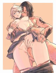 1boy 1girl alisaie_leveilleur au_ra black_hair blue_eyes clothed_female_nude_male earrings elezen elf final_fantasy final_fantasy_xiv from_behind glasses hetero highres horns jewelry nude pointy_ears ranier_layarte sex standing standing_sex vaginal white_hair xaela