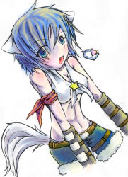 1girl 2000s_(style) animal_ears armband belt bikini bikini_top_only blue_eyes blue_hair blue_shorts blush breasts brown_belt cat_ears cat_girl cat_tail chinese_commentary cleavage commentary_request cosket cowboy_shot fang fur-trimmed_shorts fur_trim heart looking_at_viewer medium_breasts midriff navel open_mouth ragnarok_online short_hair short_shorts shorts simple_background smile solo spoken_heart star_(symbol) swimsuit tail white_background white_bikini whitesmith_(ragnarok_online)