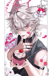 1boy absurdres animal_ears bandaged_arm bandages bandaid bandaid_on_face black_nails cake candy cat_boy cat_ears cat_tail chain chain_necklace charm_(object) collar commentary cupcake ear_piercing earrings english_text fangs food food_on_face grey_eyes grey_hair hair_between_eyes hair_ornament hairclip halo highres holding holding_cake holding_food jewelry ka1_(user_hkdw4252) letter looking_at_viewer male_focus medium_hair multicolored_eyes muscular muscular_male necklace open_mouth original piercing pink_collar pink_eyes pink_halo ring roller_skates shirt skates sleeveless sleeveless_shirt solo symbol-only_commentary tail tongue tongue_out two-tone_eyes upper_body