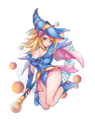 Rule 34 | 1girl, absurdres, arm up, blonde hair, blue dress, blue footwear, blue hat, breasts, cleavage, dark magician girl, dress, greensky, hat, highres, holding, holding staff, large breasts, long hair, looking at viewer, mage staff, mk.sweet, short dress, simple background, solo, staff, thighs, white background, yu-gi-oh!
