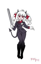 1girl absurdres ahoge artist_name black_bow black_bowtie black_horns black_jacket black_pants black_shoes bow bowtie closed_mouth commentary demon_horns english_commentary evil_neuro-sama formal_clothes full_body hair_ornament hair_ribbon helltaker highres holding horns jacket lead_pipe long_hair long_sleeves neuro-sama okrocketboy1 pants red_eyes red_ribbon red_shirt ribbon shirt shoes simple_background skull_hair_ornament smile solo standing suit two_side_up vedal_ai virtual_youtuber white_background white_hair white_shirt