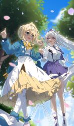 2girls absurdres aged_down alternate_costume aqua_jacket blonde_hair blue_eyes blue_sky bow bowtie breasts commentary commission cropped_jacket dating dress durandal_(honkai_impact) durandal_(reign_solaris)_(honkai_impact) english_commentary ferris_wheel highres holding_hands honkai_(series) honkai_impact_3rd jacket kiana_kaslana kiana_kaslana_(herrscher_of_finality) large_breasts long_hair luyue multiple_girls open_mouth outdoors pantyhose pixiv_commission purple_skirt skirt sky star-shaped_pupils star_(symbol) symbol-shaped_pupils tiara tree white_dress white_pantyhose yellow_bow yellow_bowtie yuri