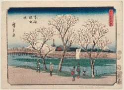 19th_century 2boys 4girls ando_hiroshige architecture bald black_hair blue_sky cherry_blossoms city east_asian_architecture fine_art_parody gradient_sky grass green_kimono highres japan japanese_clothes japanese_text kimono landscape mount_fuji mountain multiple_boys multiple_girls nihonga original outdoors parody reeds river scenery sky thirty-six_views_of_mount_fuji_(hiroshige) traditional_media translation_request tree ukiyo-e volcano water waving