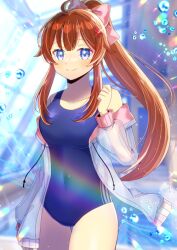 1girl ahoge blue_eyes blue_one-piece_swimsuit blurry blurry_background blush bow breasts brown_hair closed_mouth commission copyright_request covered_navel depth_of_field drawstring flower groin hair_bow hair_flower hair_ornament hand_up high_ponytail indoors jacket kou_hiyoyo long_hair long_sleeves looking_at_viewer medium_breasts off_shoulder one-piece_swimsuit pink_bow ponytail pool puffy_long_sleeves puffy_sleeves red_flower rei_no_pool see-through_clothes see-through_jacket skeb_commission smile solo swimsuit swimsuit_under_clothes thigh_gap very_long_hair virtual_youtuber water water_drop