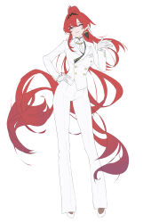 1girl absurdres alternate_costume black_hairband breasts buttons collared_shirt commentary double-breasted earrings english_commentary flat_color gloves hairband hand_on_own_hip hand_up high_ponytail highres jacket jewelry large_breasts long_hair long_sleeves necktie pants pointy_ears ponytail red_hair shirt simple_background single_earring solo suit_jacket unfinished very_long_hair white_background white_gloves white_jacket white_necktie white_pants white_shirt wuthering_waves yinlin_(wuthering_waves) youngjoo_kjy