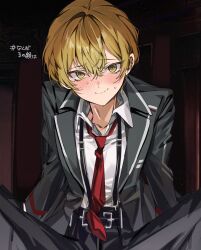 1boy belt black_belt black_jacket black_pants blonde_hair blush closed_mouth collarbone collared_shirt commentary_request hair_between_eyes highres jacket lapels limbus_company long_sleeves looking_at_viewer male_focus mu46016419 necktie on_chair open_clothes open_jacket pants project_moon red_necktie shirt short_hair sinclair_(project_moon) sitting smile solo spread_legs suspenders sweat white_shirt yellow_eyes