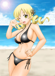 1girl ;d \m/ arm_up beach bikini black_bikini blonde_hair breasts cleavage cloud commentary_request day drill_hair fuuma_nagi groin hair_ornament hand_on_own_hip large_breasts long_hair mahou_shoujo_madoka_magica mahou_shoujo_madoka_magica_(anime) ocean one_eye_closed open_mouth outdoors revision side-tie_bikini_bottom skindentation sky smile solo sun sunlight swimsuit tomoe_mami twin_drills twintails yellow_eyes