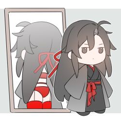 1boy ahoge artist_request black_hair black_hanfu black_robe black_shoes bra brown_eyes chibi chibi_only chinese_clothes chinese_commentary closed_mouth coat crossdressing different_reflection expressionless full-length_mirror garter_straps grey_background grey_coat hair_down hair_ribbon half_updo hanfu long_hair long_sleeves lowres male_focus mirror modao_zushi official_alternate_costume official_alternate_hairstyle panties parted_bangs red_bra red_panties red_ribbon red_sash red_thighhighs reflection ribbon robe sash second-party_source see-through_clothes shoes sidelocks simple_background sleeves_past_fingers sleeves_past_wrists solo standing thighhighs trap underwear very_long_hair wei_wuxian wei_wuxian_(yiling_laozu)