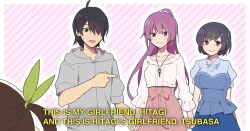 Rule 34 | 1boy, 3girls, ahoge, araragi koyomi, black hair, blue eyes, breasts, brown hair, commentary, english commentary, english text, green ribbon, hachikuji mayoi, hair ornament, hair over one eye, hair ribbon, hairclip, hanekawa tsubasa, highres, jewelry, large breasts, long hair, manimani (mani ma), monogatari (series), multiple girls, open mouth, pendant, purple eyes, purple hair, ribbon, senjougahara hitagi, short hair, smile