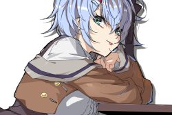 1girl :p aqua_eyes assault_lily black_bow black_ribbon blue_hair bow breasts brown_jacket brown_skirt buttons center_frills closed_mouth commentary_request drop_shadow elbows_on_table frilled_shirt frills from_side hair_between_eyes hair_bow hair_ornament hair_ribbon hairclip hand_on_own_chin hands_up higashikuze_tokuko high-waist_skirt jacket light_blush light_smile long_sleeves looking_at_viewer looking_to_the_side medium_breasts mototenn off_shoulder open_clothes open_jacket ribbon shirt short_hair sideways_glance simple_background skirt solo suspender_skirt suspenders table tongue tongue_out upper_body white_background white_shirt