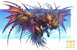 2020 animal_focus artist_logo artist_name bat_wings border chimera claws cloud cloudy_sky commentary_request flying fujiyama_monta logo looking_to_the_side monster multicolored_fur no_humans original pawpads porcupine porcupine_ears sky snout spikes white_border wings yellow_eyes