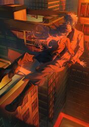 Rule 34 | 2boys, absurdres, belt, black boots, black gloves, black shoes, black shorts, boots, building, chinese commentary, coat, commentary request, earrings, gloves, hatsutori hajime, highres, jewelry, long hair, long sleeves, male focus, midair, multiple boys, no socks, open belt, open clothes, open coat, outdoors, pink hair, red eyes, saibou shinkyoku, shoes, short hair, shorts, skyscraper, theodore riddle, yongzhehentai
