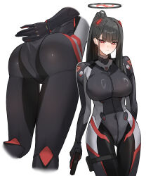 Rule 34 | 1girl, absurdres, ass, black hair, blue archive, bodysuit, breasts, commentary, gun, halo, handgun, highres, holding, holding gun, holding weapon, large breasts, long hair, looking at viewer, multiple views, pomerui, ponytail, red eyes, ringed eyes, rio (blue archive), rio (bodysuit) (blue archive), simple background, weapon, white background