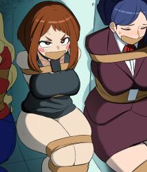 3girls absurdres arms_behind_back black_shirt blush_stickers boku_no_hero_academia bound breasts brown_eyes brown_hair commentary_request gag highres large_breasts multiple_girls rebake restrained shirt short_hair sitting thighs tied_up_(nonsexual) uraraka_ochaco