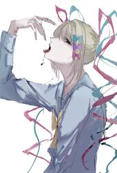1girl black_eyes blonde_hair blue_bow blue_hair bow chouzetsusaikawa_tenshi-chan commentary_request from_side hair_bow hand_up highres kachimashita long_hair long_sleeves looking_at_viewer multicolored_hair needy_girl_overdose open_mouth pill pill_on_tongue pink_bow pink_hair profile purple_bow quad_tails sailor_collar self-harm_scar simple_background solo tongue tongue_out upper_body white_background