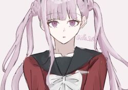 1girl eyelashes female_focus long_hair looking_at_viewer matching_hair/eyes open_mouth pink_eyes pink_hair red_shirt shirt simple_background solo solo_focus the_hundred_line_-last_defense_academy- tsukumo_kako twintails upper_body white_background