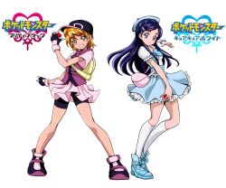 Rule 34 | 2girls, :d, absurdres, adapted costume, ankle socks, arm up, arudebido, backpack, bag, bare legs, baseball cap, beret, bike shorts, bike shorts under skirt, black gloves, black hat, black shoes, black shorts, black trim, blouse, blue boots, blue bow, blue bowtie, blue eyes, blue hair, blue hat, blue skirt, boots, bow, bowtie, bracelet, breasts, closed mouth, collared vest, colored shoe soles, commentary, copyright logo, copyright name, crossover, cure black pose, cure white pose, fingerless gloves, full body, futari wa precure, gloves, grin, hair ornament, hairclip, hand up, hat, highres, holding, holding poke ball, jewelry, legs apart, logo, long hair, looking at viewer, misumi nagisa, multiple girls, nintendo, open mouth, orange eyes, orange hair, parted bangs, petticoat, pink bag, pink shirt, pink skirt, poke ball, poke ball (basic), pokemon, precure, puffy short sleeves, puffy sleeves, purple vest, shirt, shoes, short hair, short sleeves, shorts, shoulder bag, single bracelet, skirt, small breasts, smile, socks, split mouth, standing, translated, transparent background, vest, white petticoat, white shirt, white socks, yellow bag, yukishiro honoka