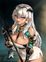 Rule 34 | 1girl, absurdres, bare shoulders, between breasts, black choker, black gauntlets, blue eyes, blush, breasts, brick wall, brown dust (series), brown dust 2, choker, cleavage, collarbone, commentary, covered navel, cowboy shot, creature, dark-skinned female, dark skin, demon horns, dress, gauntlets, hair between eyes, highres, holding, holding polearm, holding weapon, horns, indoors, large breasts, long hair, looking at viewer, multicolored hair, nebris (brown dust 2), nebris (labyrinth gatekeeper) (brown dust 2), open mouth, pencil dress, pointy ears, polearm, sidelocks, signature, solo focus, standing, strap between breasts, streaked hair, sweat, tongue, tongue out, weapon, white dress, white hair, yuridori (brown dust), zaga