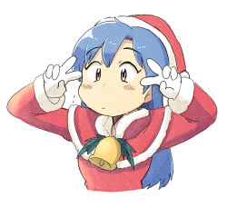 1girl arms_up bell blue_hair capelet closed_mouth cropped_torso double_v fur-trimmed_capelet fur-trimmed_headwear fur-trimmed_sleeves fur_trim hat idolmaster idolmaster_(classic) jingle_bell kisaragi_chihaya long_hair long_sleeves red_capelet red_hat santa_costume santa_hat simple_background solo tsubobot upper_body v white_background