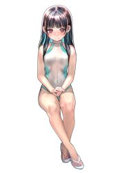 Rule 34 | 1girl, absurdres, bare shoulders, black hair, blush, breasts, closed mouth, competition school swimsuit, competition swimsuit, covered navel, emutsuichi, flip-flops, full body, highres, long hair, looking at viewer, navel, one-piece swimsuit, original, purple eyes, sandals, school swimsuit, simple background, small breasts, smile, solo, swimsuit, thighs, two-tone swimsuit, white background, white one-piece swimsuit