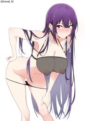 1girl absurdres armpits artist_name bare_shoulders bent_over black_choker black_panties blush breasts choker closed_mouth collarbone feet_out_of_frame hair_ribbon haite_kudasai_takamine-san hand_on_own_knee highres large_breasts looking_at_viewer navel nipples nose_blush panties panty_pull purple_hair red_eyes ribbon roswell_ss see-through_clothes simple_background solo standing takamine_takane underwear white_background white_ribbon