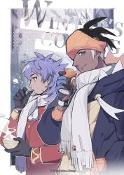 2boys absurdres black_gloves black_hair black_hoodie buttons closed_mouth commentary_request dark-skinned_male dark_skin dynamax_band earrings facial_hair gloves gym_leader hand_up highres holding hood hoodie jewelry leon_(pokemon) long_hair long_sleeves male_focus mouth_hold multiple_boys nintendo orange_headwear partially_fingerless_gloves pokemon pokemon_swsh purple_hair raihan_(pokemon) scarf smile steam tailcoat white_scarf yellow_eyes youchengyan