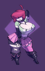 1girl arm_up asymmetrical_legwear belt between_breasts bigdad breasts cleavage collar curvy fold-over_boots full_body gazlene_membrane goth_fashion heel_up huge_breasts invader_zim mismatched_legwear navel parted_lips pink_hair pink_skirt purple_background short_hair shorts simple_background skirt solo strap_between_breasts thick_thighs thighs torn_clothes