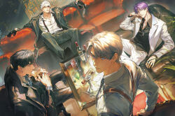 4boys absurdres belt black_belt black_footwear black_gloves black_hair black_jacket black_necktie black_pants black_shirt blonde_hair blue_eyes bottle brooch chimmyming closed_mouth collared_shirt cup drinking_glass expressionless from_side gloves grey_hair gun highres holding holding_gun holding_weapon indoors jacket jewelry lapels lips long_sleeves looking_at_viewer love_and_deepspace male_focus multiple_boys necklace necktie notched_lapels open_clothes open_jacket own_hands_together pants paper parted_bangs parted_lips plant purple_eyes purple_hair rafayel_(love_and_deepspace) red_eyes red_necktie ring see-through_clothes shelf shirt short_hair sunglasses sylus_(love_and_deepspace) table unworn_necktie veins watch weapon white_hair white_jacket white_pants white_shirt wine_bottle wine_glass wristwatch xavier_(love_and_deepspace) zayne_(love_and_deepspace)