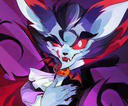 1boy afk_(series) afk_arena animal_ears claws colored_sclera commentary english_commentary fangs furry furry_male halloween_costume kren_(afk) licking_lips looking_at_viewer male_focus mouse_boy mouse_ears official_alternate_costume okn_369 open_mouth red_sclera tongue tongue_out vampire_costume white_eyes