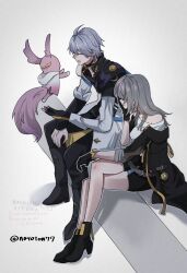 1boy 1girl artist_name black_gloves black_jacket black_pants black_shoes black_shorts closed_eyes gloves grey_hair highres honkai:_star_rail honkai_(series) jacket long_hair long_sleeves looking_at_another mem_(honkai:_star_rail) nayoton77 off_shoulder pants phainon_(honkai:_star_rail) shirt shoes short_hair shorts sitting stelle_(honkai:_star_rail) trailblazer_(honkai:_star_rail) twitter_username white_jacket white_shirt