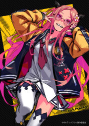 1girl :d absurdres alternate_costume animal_ears anniversary black_background character_name collared_shirt copyright_name cross fake_animal_ears flower forehead glasses gradient_hair guilty_crown hair_flower hair_ornament hands_up highres jacket leg_up long_hair miniskirt multicolored_hair nail_polish neckerchief official_art open_clothes open_jacket open_mouth ouma_mana pinching_sleeves pink_hair redjuice shirt skirt sleeves_past_wrists smile solo standing standing_on_one_leg thighhighs thumbs_up two-tone_background very_long_hair w yellow_background zettai_ryouiki
