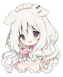 1girl :d amairo_chocolata animal_ears apron bow brown_apron brown_eyes cake cake_slice chibi commentary_request dog_ears dog_girl dog_tail food frilled_apron frills fruit grey_hair hair_between_eyes hands_up holding holding_plate juliet_sleeves long_hair long_sleeves misono_ichika open_mouth plate puffy_sleeves red_bow shiratama_(shiratamaco) shirt simple_background smile solo strawberry strawberry_shortcake tail twitter_username very_long_hair watermark white_background white_shirt
