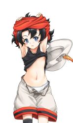 1girl armpits arms_up black_hair black_singlet blue_eyes blush breasts cargo_shorts clothes_lift hat hat_feather kaban_(kemono_friends) kemono_friends looking_at_viewer naka_(nicovideo14185763) navel open_mouth panties red_shirt shirt shirt_lift short_hair shorts singlet small_breasts solo unbuttoned underwear undressing white_panties