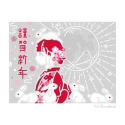 ._. 1girl animal animal_on_head artist_name blunt_bangs border chinese_zodiac commentary commentary_request earth_(planet) emphasis_lines english_commentary floral_print floral_print_kimono from_side hair_bun hair_ornament highres japanese_clothes kanzashi kei_kawakami kimono mixed-language_commentary multiple_monochrome new_year on_head original planet print_kimono rabbit red_theme sidelocks sparkle translation_request upper_body white_border year_of_the_rabbit