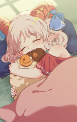 1girl biting blanket blush closed_eyes commentary_request curly_hair earrings grey_hair head_on_pillow hoop_earrings horn_ornament horn_ribbon horns hugging_doll hugging_object jewelry kimi3735 pillow pointy_ears red_horns red_sleeves ribbon sharp_teeth sheep_horns sleeping solo stuffed_animal stuffed_sheep stuffed_toy teeth touhou toutetsu_yuuma under_covers
