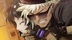 2boys armlock beanie black_hair black_jacket bob_cut choker clenched_teeth crying dark-skinned_male dark_skin english_text fingerless_gloves game_cg gloves grey_eyes hair_ornament hairclip hat highres holding_taser huke jacket leather leather_jacket looking_at_another multiple_boys nervous_sweating non-web_source official_art open_collar open_mouth parted_lips pink_lips ribbon_choker ringed_eyes scared shiny_lips short_hair short_sleeves skull_hair_ornament square_pupils steins;gate steins;gate:_linear_bounded_phenogram suzuki_kouichi sweat taser tearing_up teeth tongue trap urushibara_ruka v-shaped_eyebrows white_hair