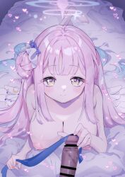 1boy 1girl angel_wings bar_censor blue_archive blush breasts censored cleavage closed_mouth collarbone feathered_wings flower hair_bun hair_flower hair_ornament hair_ribbon halo large_breasts long_hair looking_at_viewer low_wings mika_(blue_archive) mochitsuki_kagami mosaic_censoring nipples penis pink_hair pink_halo purple_flower ribbon single_side_bun smile solo_focus white_ribbon white_wings wings yellow_eyes
